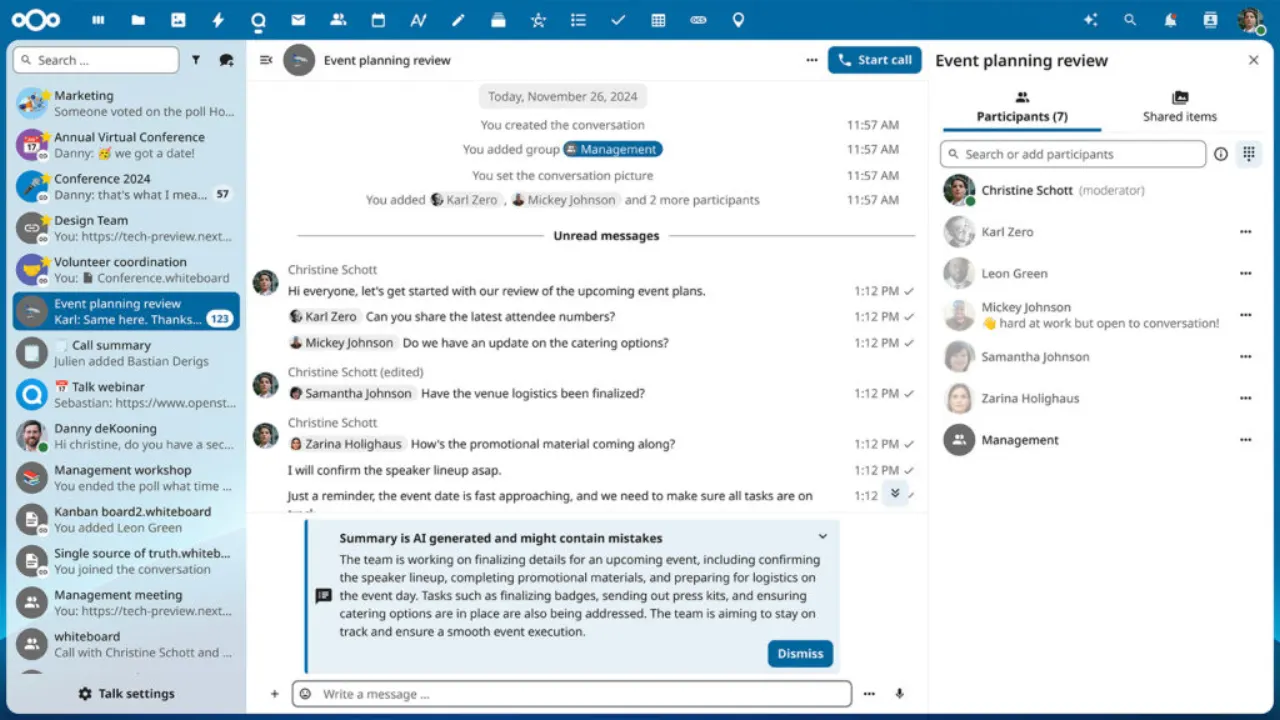 Nextcloud Talk features screenshot showcasing communication tools in collaborative workspace 2026