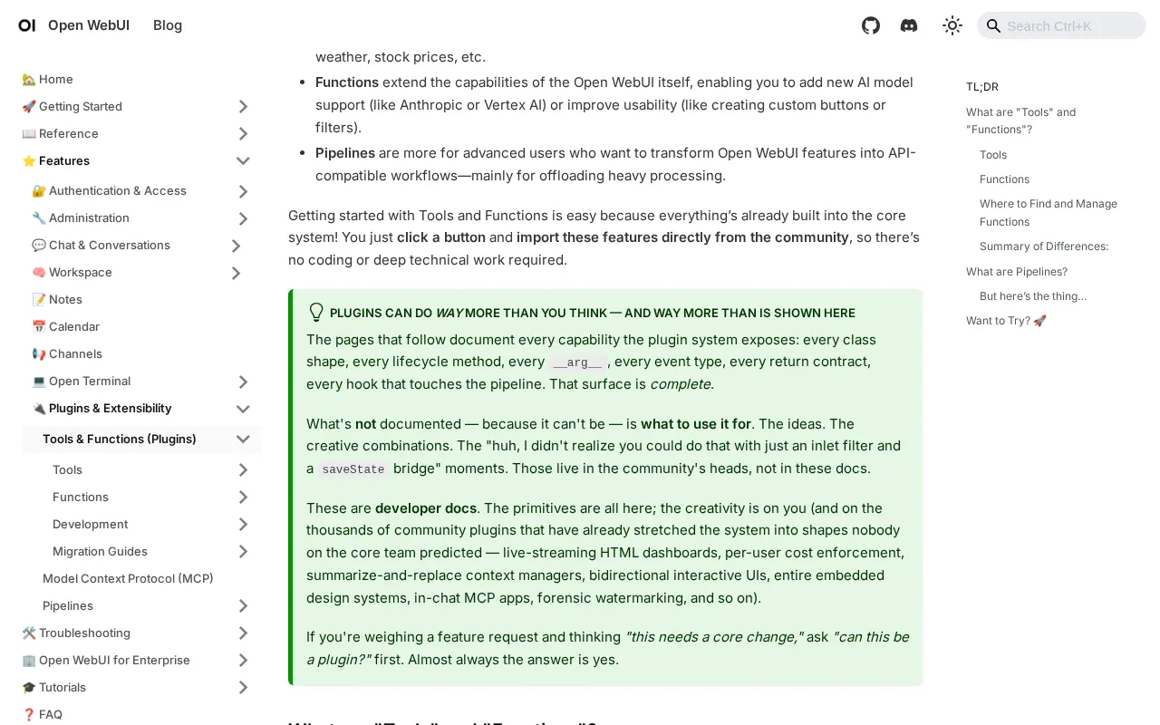 Open WebUI Extensibility Plugin Features Screenshot 2026