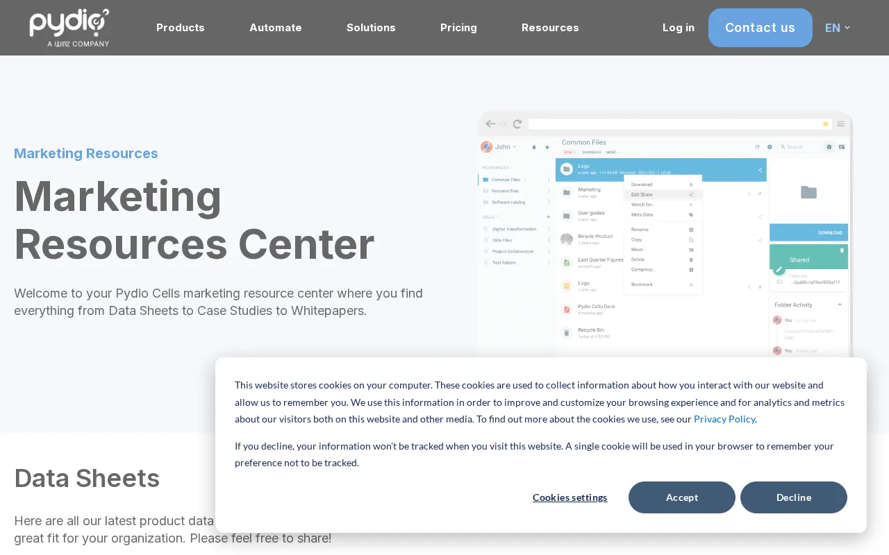 Pydio file sharing dashboard overview in a marketing context 2026
