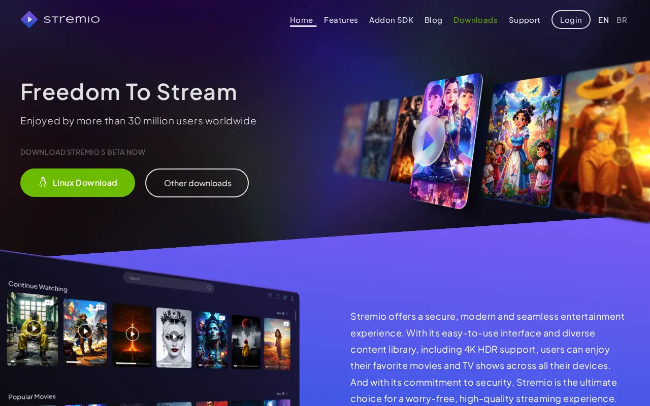 Stremio Media center user interface homepage screenshot 2026