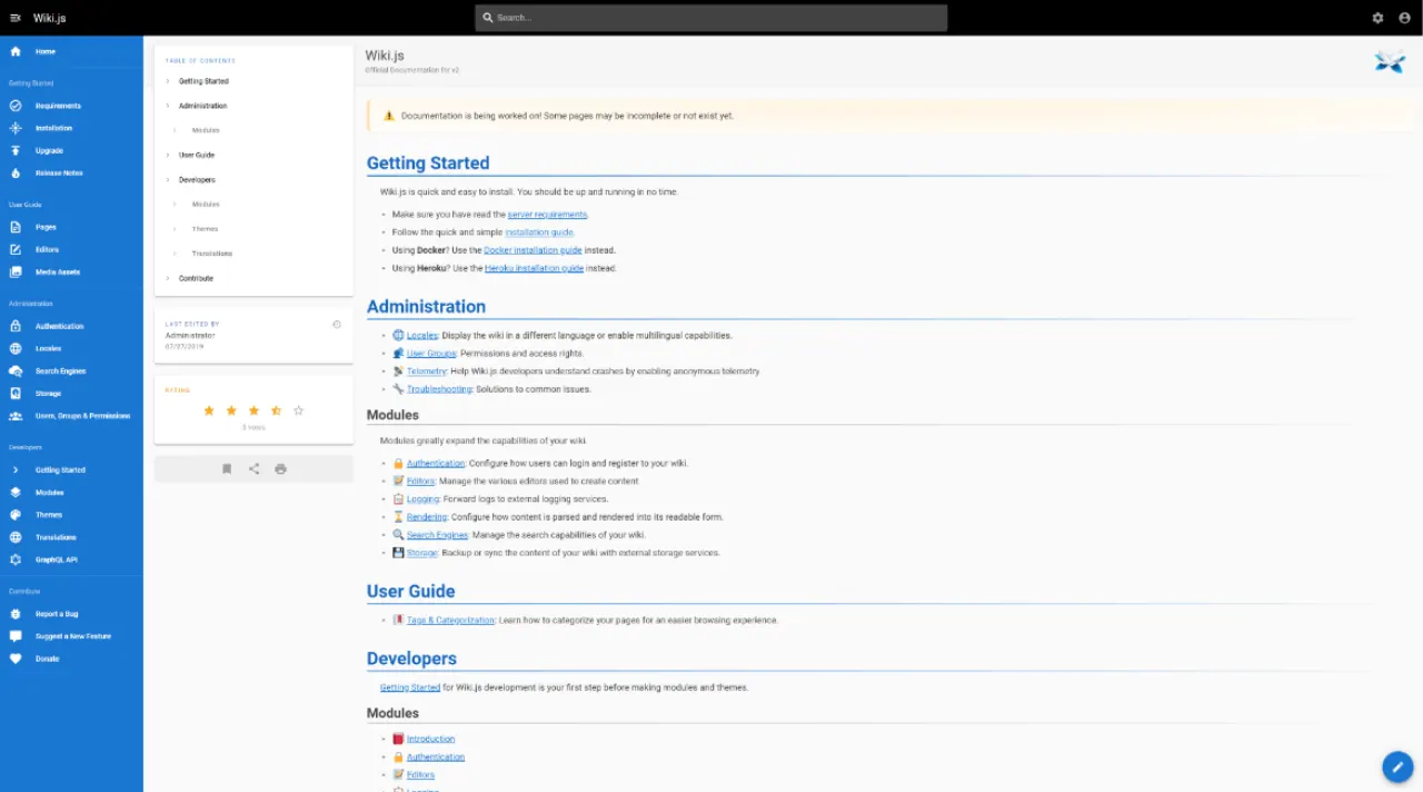 Wiki.js homepage screenshot